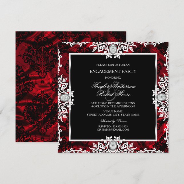 Black White Red Diamond Damask Engagement Party Invitation (Front/Back)