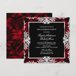 Black White Red Diamond Damask Engagement Party Invitation
