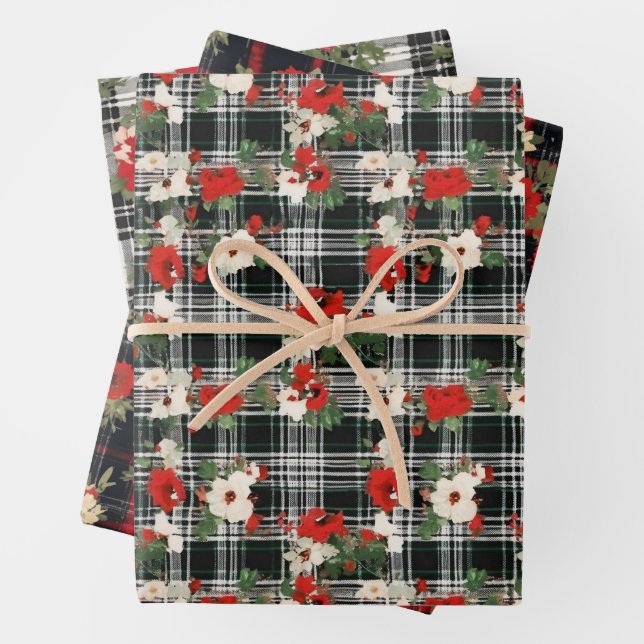 Black White Red Distressed Christmas Plaid Florals Wrapping Paper Sheet (In situ)