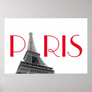 Black & White Red Eiffel Tower Paris Travel Poster
