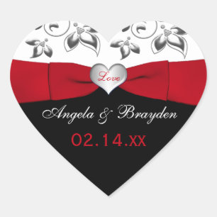 Black White Red Floral Heart Wedding Favour Sticke Sticker