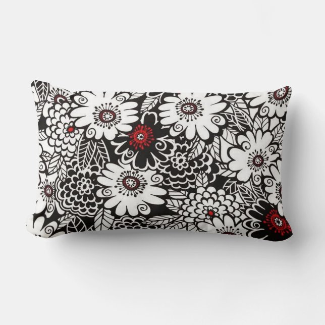 Black/White/Red Floral Lumbar Pillow (Front)