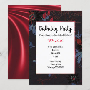 BLACK WHITE RED FLORAL TREE SATIN BIRTHDAY INVITATION