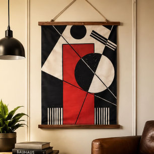 Black White Red Geometric Abstract Mid Century  Hanging Tapestry