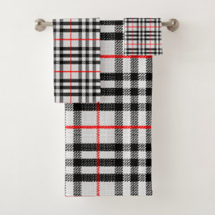 Black White Red Gingham   Classic Chequered Fabric Bath Towel Set
