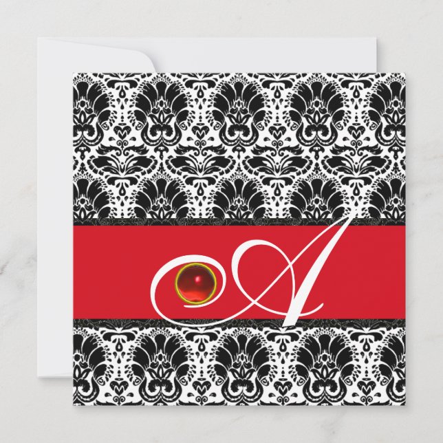 BLACK WHITE RED GOLD  DAMASK MONOGRAM Ruby Invitation (Front)