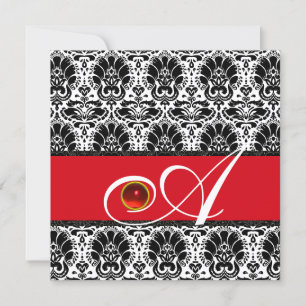 BLACK WHITE RED GOLD  DAMASK MONOGRAM Ruby Invitation