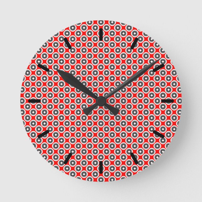 Black White Red Grey Pattern Round Clock (Front)