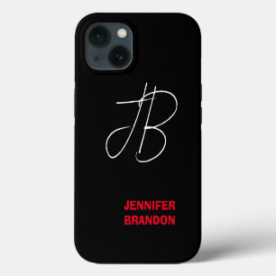 Black White Red Handwriting Monogram Add Name iPhone 13 Case