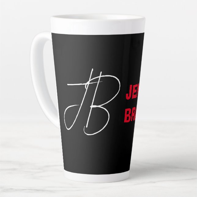 Black White Red Handwriting Monogram Add Name Latte Mug (Left Angle)