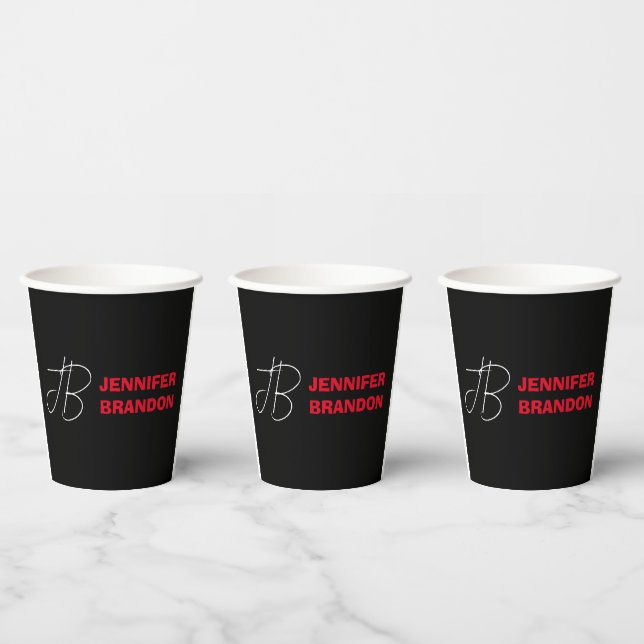 Black White Red Handwriting Monogram Add Name Paper Cups (Multi)