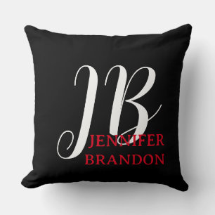 Black White Red Handwriting Monogram Add Name Throw Pillow