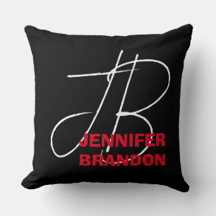 Black White Red Handwriting Monogram Add Name Throw Pillow