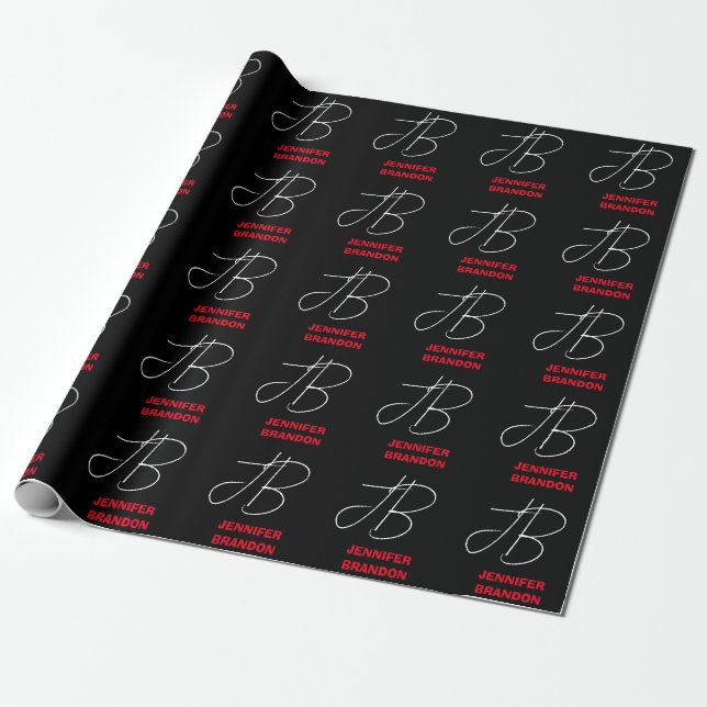 Black White Red Handwriting Monogram Add Name Wrapping Paper (Unrolled)
