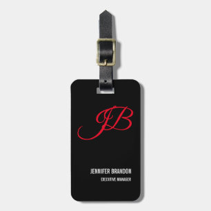 Black White Red Handwriting Monogram Minimalist Luggage Tag