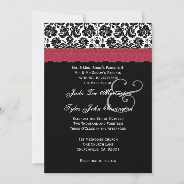 Black White Red Lace Flower Damask Wedding V16 Invitation (Front)