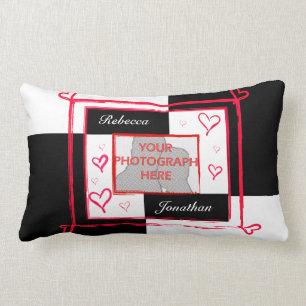 Black white red modern love heart photo frame lumbar pillow