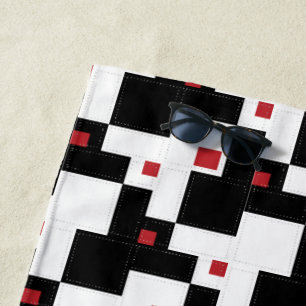 Black White Red Modern Vintage Patchwork Beach Towel