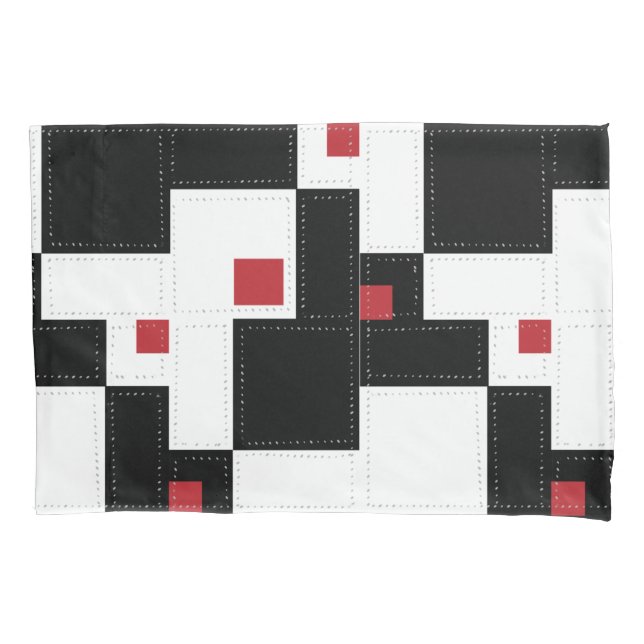 Black White Red Modern Vintage Patchwork Pillowcase (Front-Left)