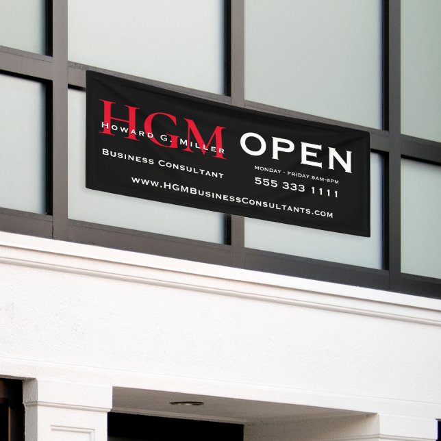 Black & White Red Monogram Open Business Banner (Outside Building)