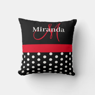 Black White Red Monogram Script Polka Dots Throw Pillow