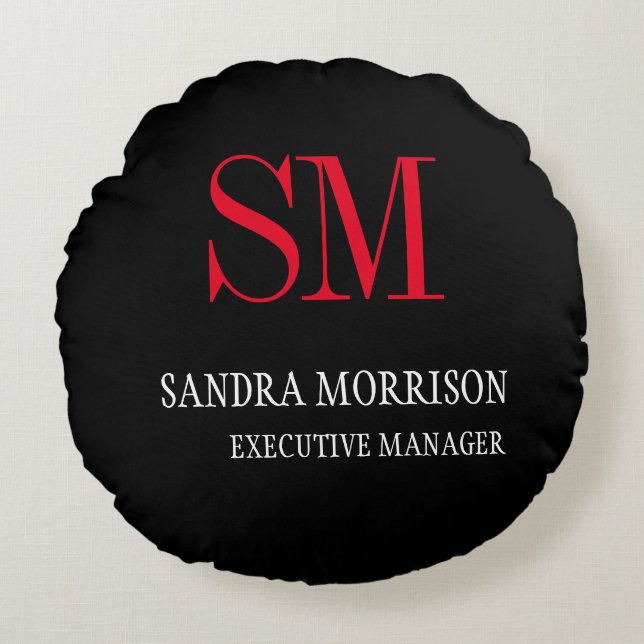 Black White Red Monogrammed Minimalist Round Pillow (Front)