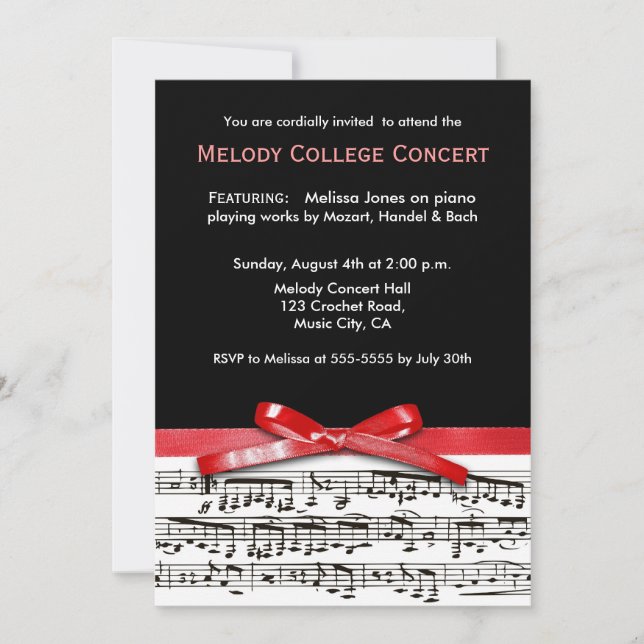 Black white & red music concert recital invitation (Front)