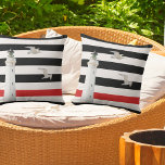 Black white red nautical stripes lighthouse throw pillow<br><div class="desc">Classic black,  red and white nautical stripes with flying seagulls and a white lighthouse tower.  One single red stripe.
A classic maritime pillow for your summer home or beach house!</div>