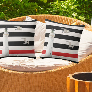 Black white red nautical stripes lighthouse throw pillow