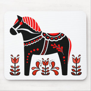 Black/white/red Nordic Folk Dala horse/Friesian Mouse Pad
