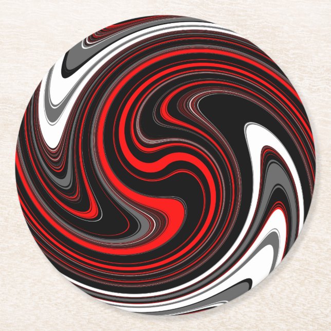 Black White Red Paint Swirl Round Paper Coaster (Front)