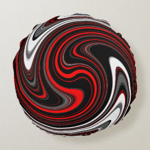 Black White Red Paint Swirl Round Pillow