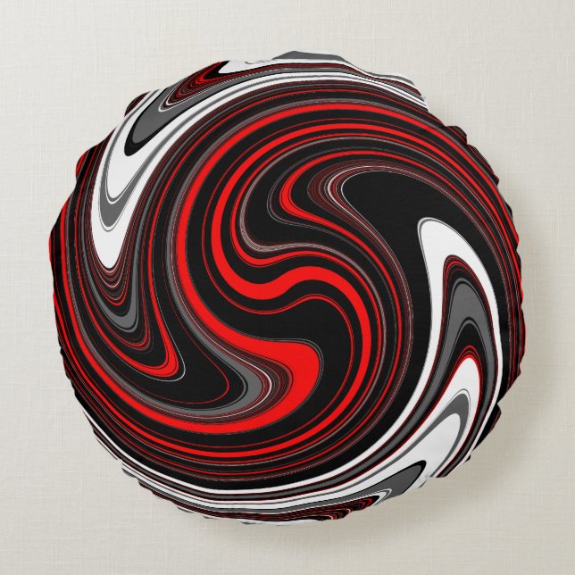 Black White Red Paint Swirl Round Pillow (Back)