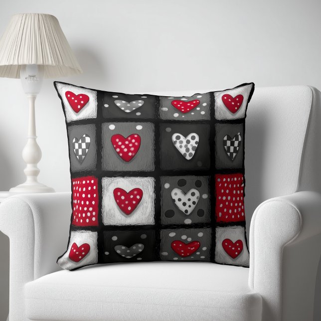 Black White Red Patchwork with Hearts Throw Pillow (Creator Uploaded)