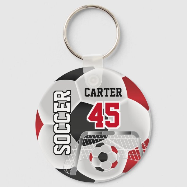 Black, White & Red Personalize Soccer  ⚽💖 Keychain (Front)