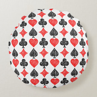 Black/White/Red Playing Card All Symbols Lino Cut Round Pillow