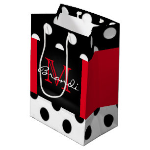 Black White & Red Polka Dots & Monogram Medium Gift Bag