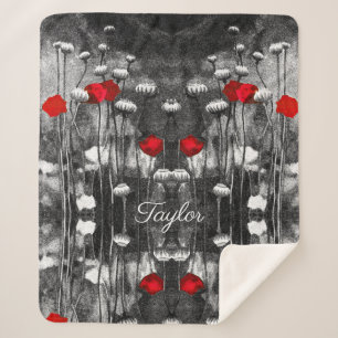 Black White Red Poppies Floral Template Flowers Sherpa Blanket