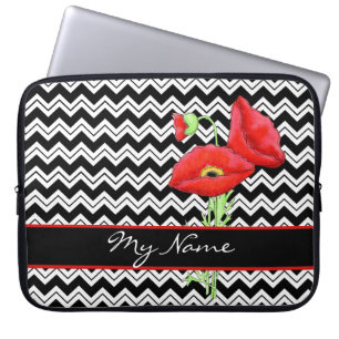 Black & White Red Poppy Zizzag Chevron Customized Laptop Sleeve