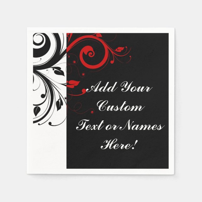 Black White Red Reverse Swirl Personalized Napkin (Front)