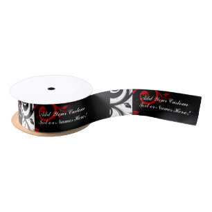 Black White Red Reverse Swirl Personalized Satin Ribbon