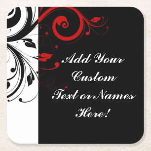 Black White Red Reverse Swirl Personalized Square Paper Coaster