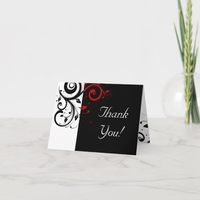 Black + White / Red Reverse Swirl Thank You Cards (Front)