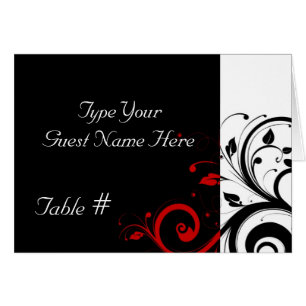 Black, White, Red Reverse Swirl Wedding Place Card
