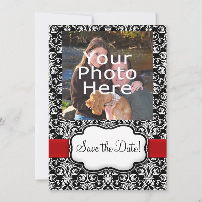 Black/White/Red Ribbon Damask Save the Date (Front)