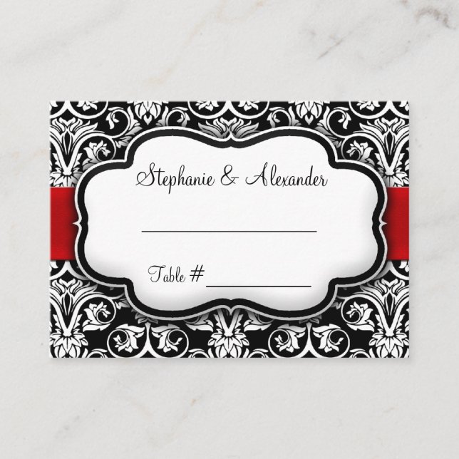 Black/White/Red Ribbon Damask Wedding Place Card (Front)