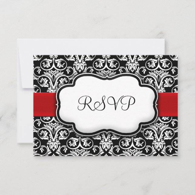 Black/White/Red Ribbon Damask Wedding RSVP Reply Card (Front)