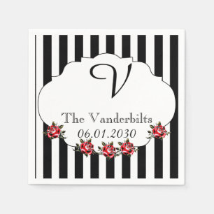Black White Red Rose Monogram Wedding Napkin