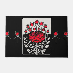 BLACK WHITE RED ROSES ,ROSEBUDS Art Nouveau Floral Doormat