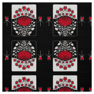 BLACK WHITE RED ROSES ,ROSEBUDS Art Nouveau Floral Fabric